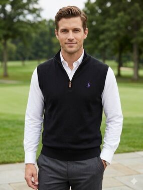 Polo Ralph Lauren Black Quarter-Zip Sweater Vest with Purple Pony